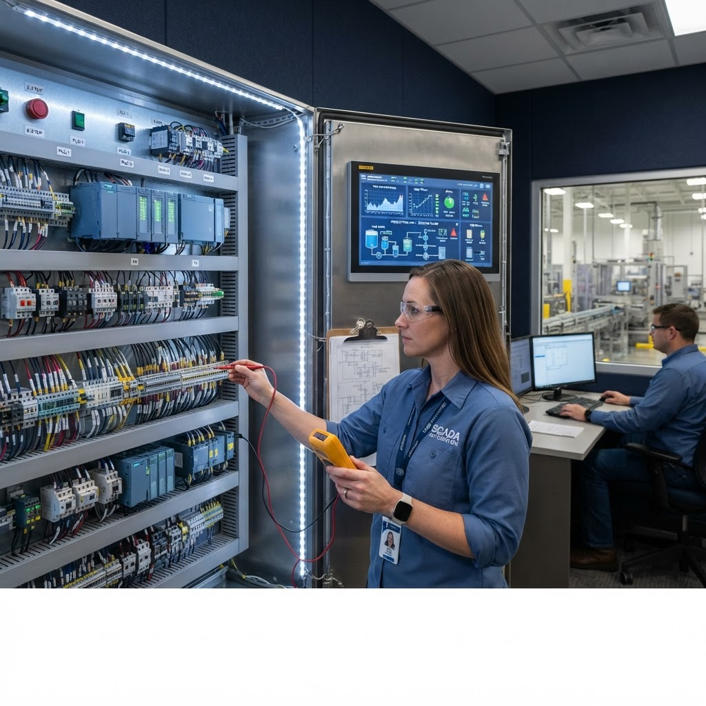Engineer reviewing a PLC control panel and SCADA dashboard in a control room