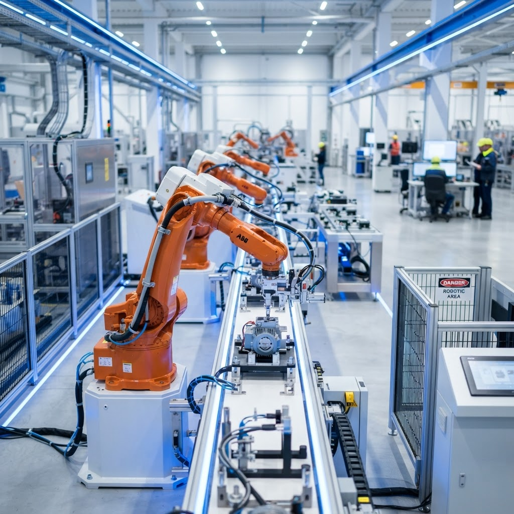 Robotic arms operating on an automated industrial assembly line